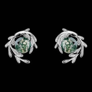 S925 Sterling Silver Moss Agate Stud Earrings (Pair)
